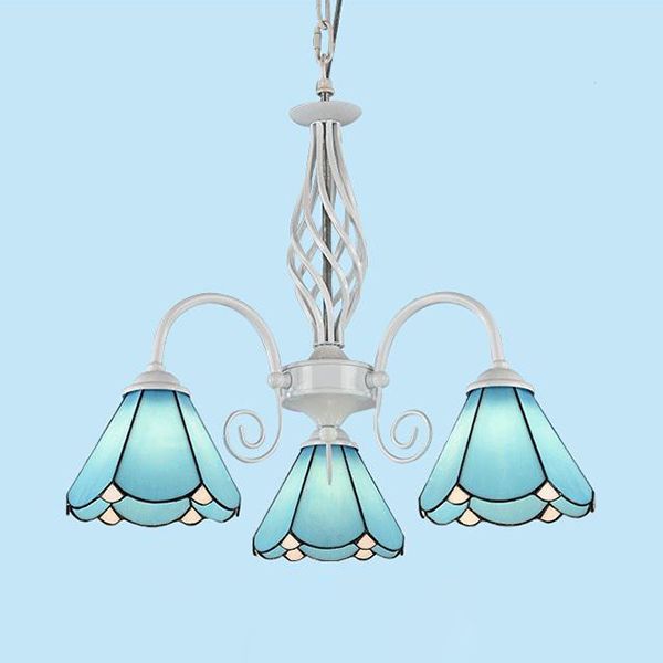 Blue Glass Cone Chandelier Light with Hanging Chain Traditional 3 Lights Indoor Lighting for Dining Room