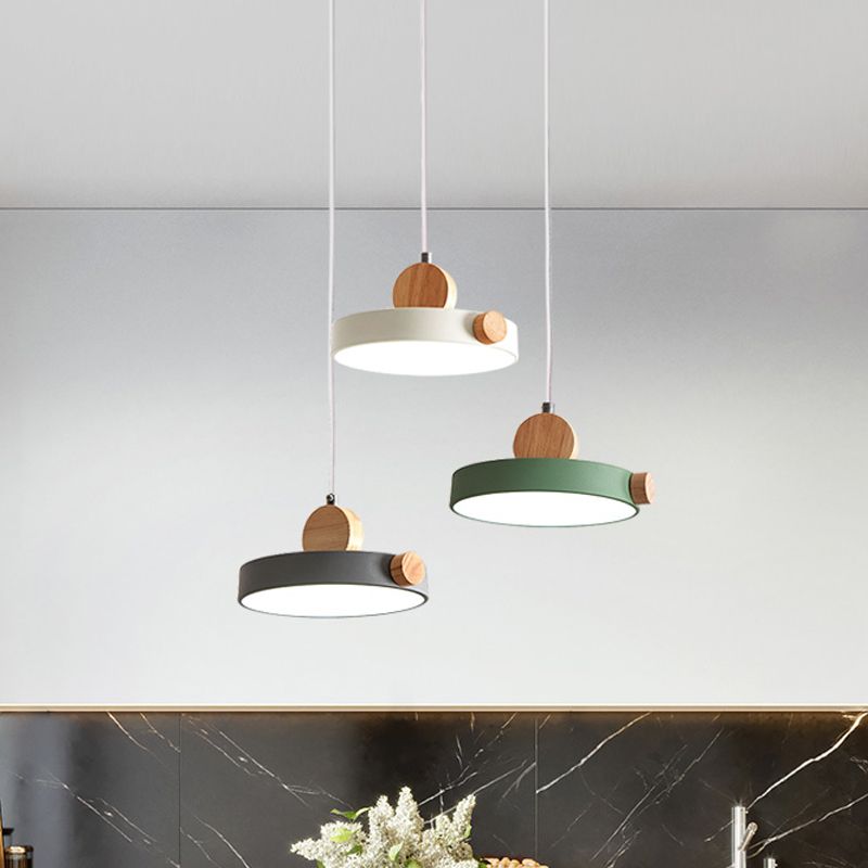 Grey/White/Green Round Hanging Light Nordic LED Acrylic Ceiling Suspension Lamp with Wood Decoration