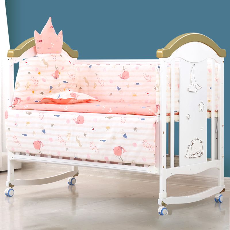 Wooden White Matching Nursery Crib Storage Arched Crib with Wheels