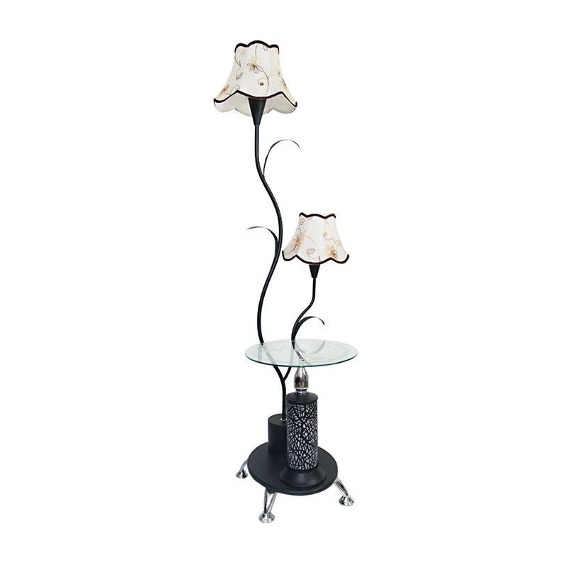 Black/White 2 Bulbs Floor Light Countryside Style Iron Branch Design Standing Lamp with Floral Shade