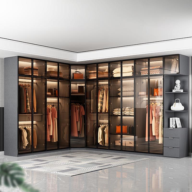 Contemporary Style Glass Wardrobe Soft Close Door Wardrobe Closet for Bedroom