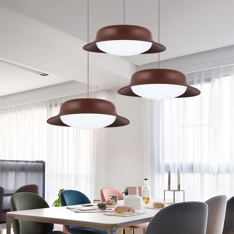 Hat Shape Drop Pendant Post Modern Metal LED Dining Room Hanging Lamp Fixture in White/Brown