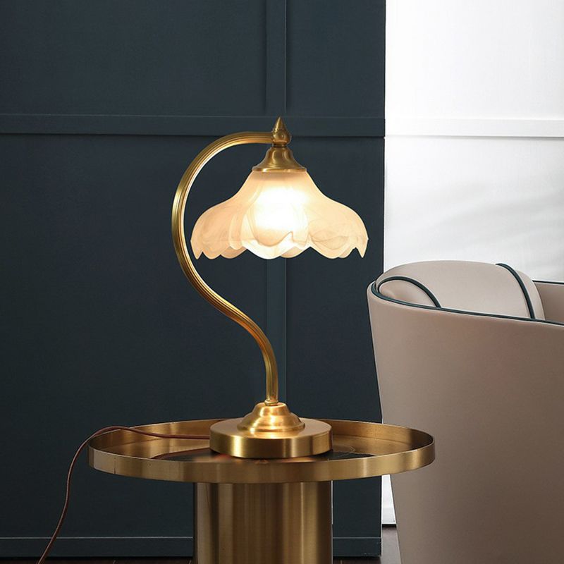 Brass Gooseneck Nightstand Lamp Traditional Metal 1-Light Living Room Table Light with Floral Frosted Glass Shade