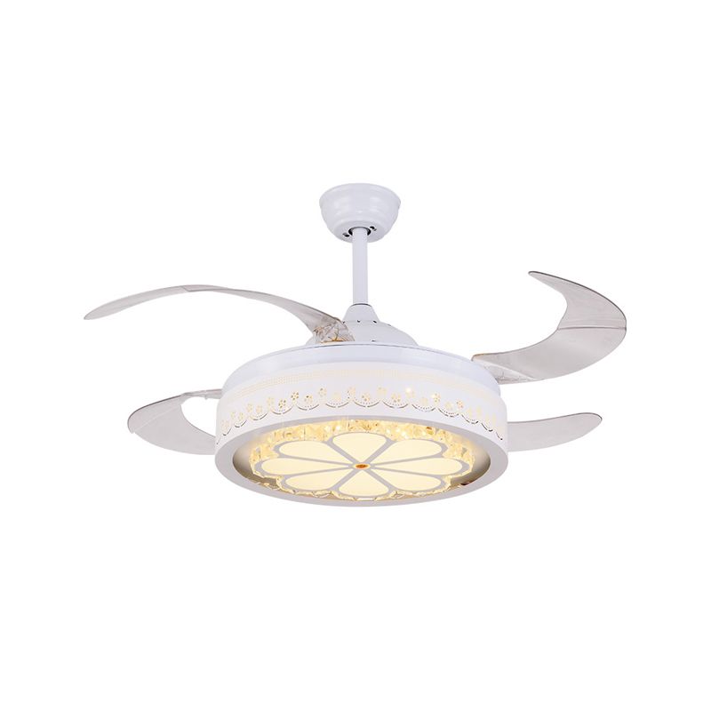 Flower Crystal Ceiling Fan Lighting Modern LED Living Room Semi Flush Light in White with 4 Clear Blades, 42" Wide