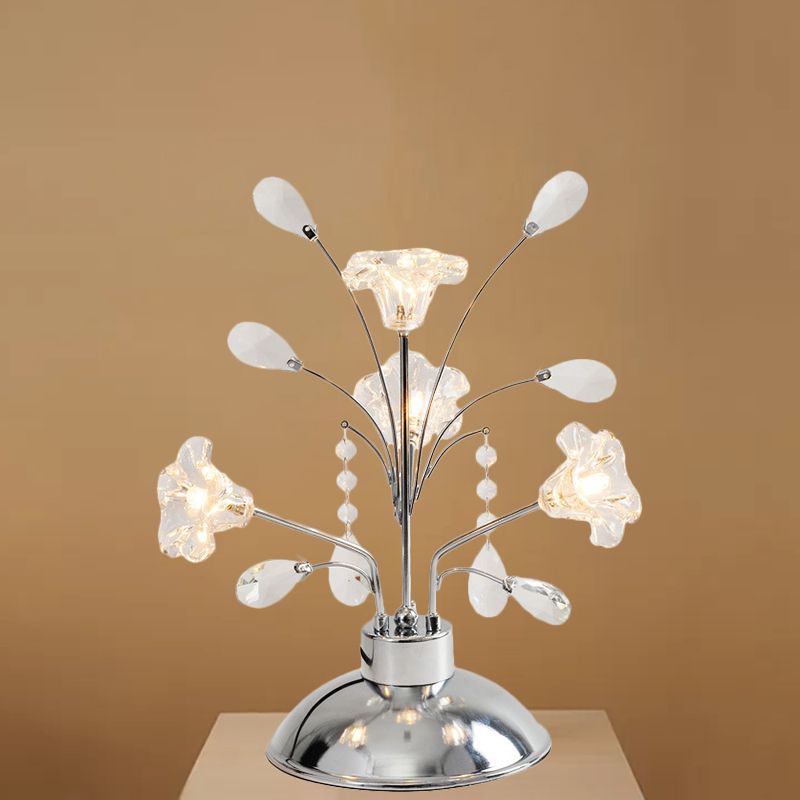 Branching Bedroom Table Light Contemporary Clear Crystal Teardrops 4 Heads Chrome Nightstand Lamp with Lily Shade