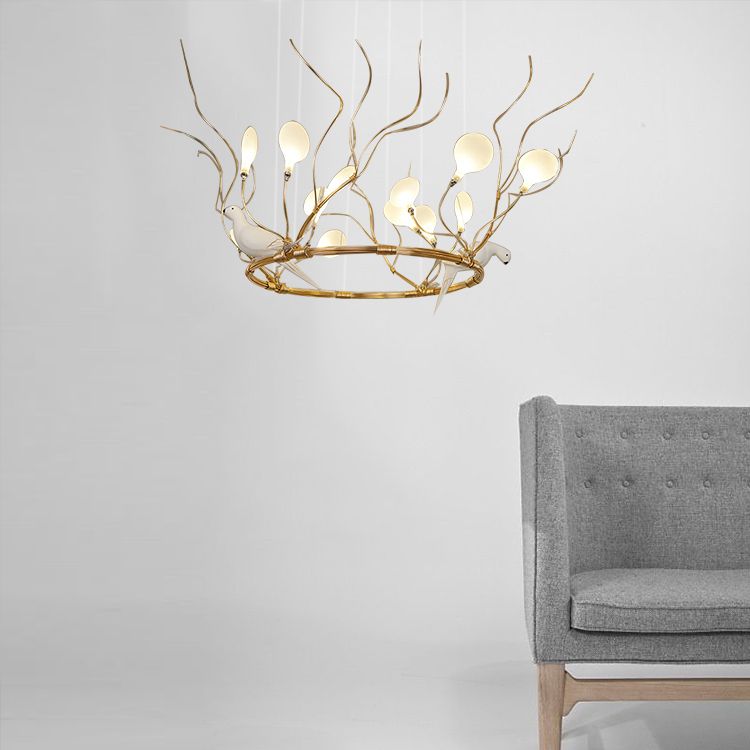 Metallring hängende Kronleuchter Lichthütte LED Gold Anhängerlampe mit Acrylschatten und Vogelakzent, warmes/weißes Licht