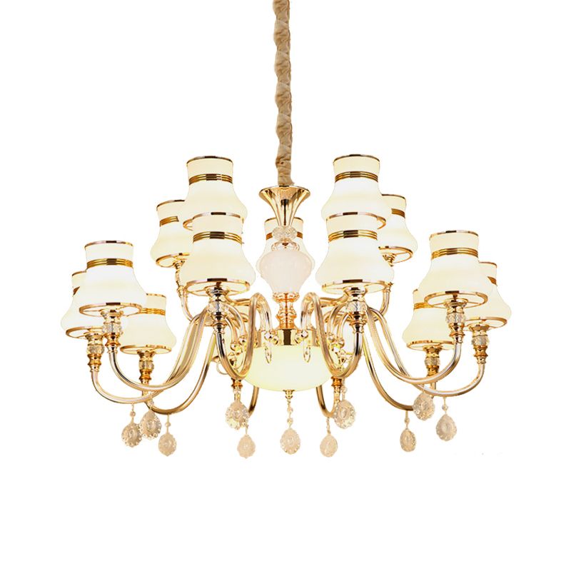 Simple Curvy Arm Suspension Lamp 15 Bulbs Opal Glass Crystal Chandelier Lighting in Gold