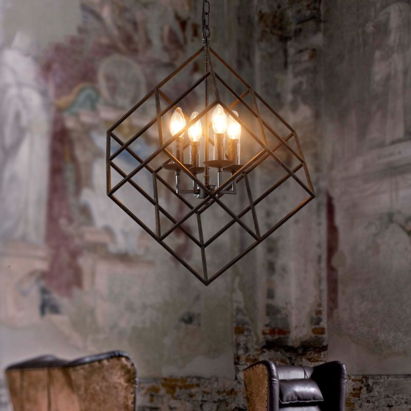 Metal Wire Square Chandelier Light Industrial 4 Lights Black Hanging Ceiling Light for Restaurant