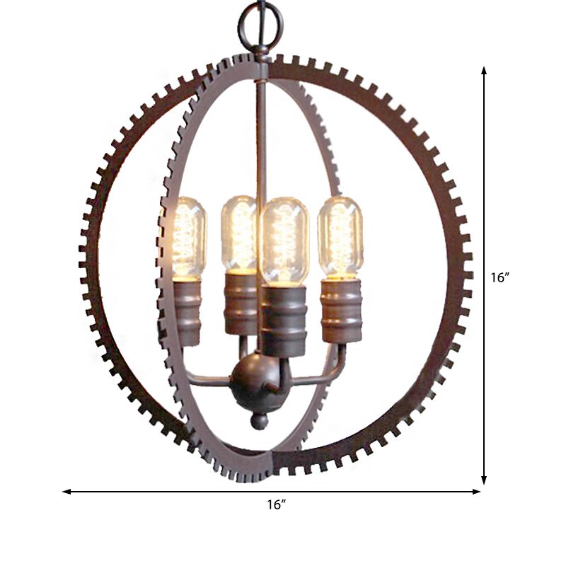 4 Lights Ceiling Light Industrial Globe Shade Metal Hanging Chandelier in Bronze for Dining Room with Gear