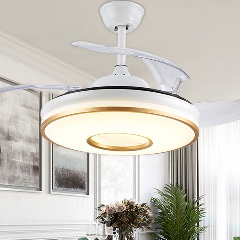 19" Wide Circle Hanging Fan Lamp Minimal Acrylic Dining Room LED Semi Flush Mount Lighting in White with 4 Blades