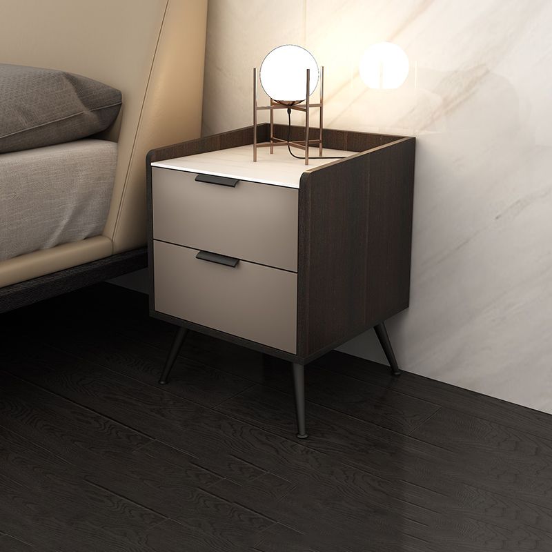 Espresso Wood and Off-White Night Table  Modern Stone and Pearl Wood Bedside Cabinet