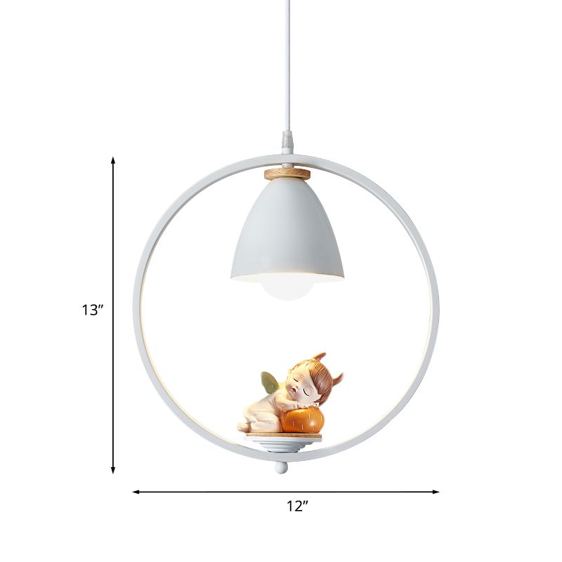 Iron Bell and Ring Hanging Light Kit Nordic 1 Head White Finish Pendulum Lamp with Pig/Girl/Boy Deco