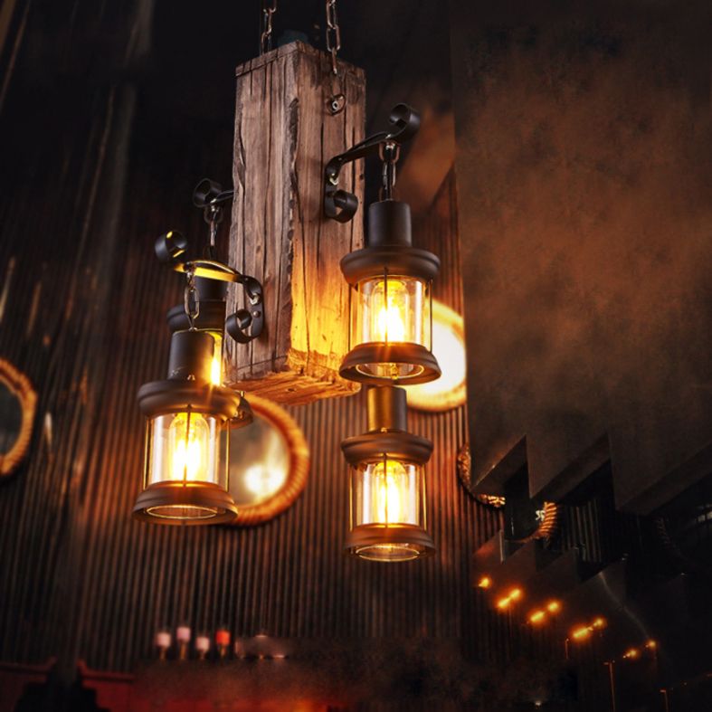 Wooden Brown Bar Pendant Light in Industrial Vintage Style Wrought Iron Hanging Lamp with Glass Shade