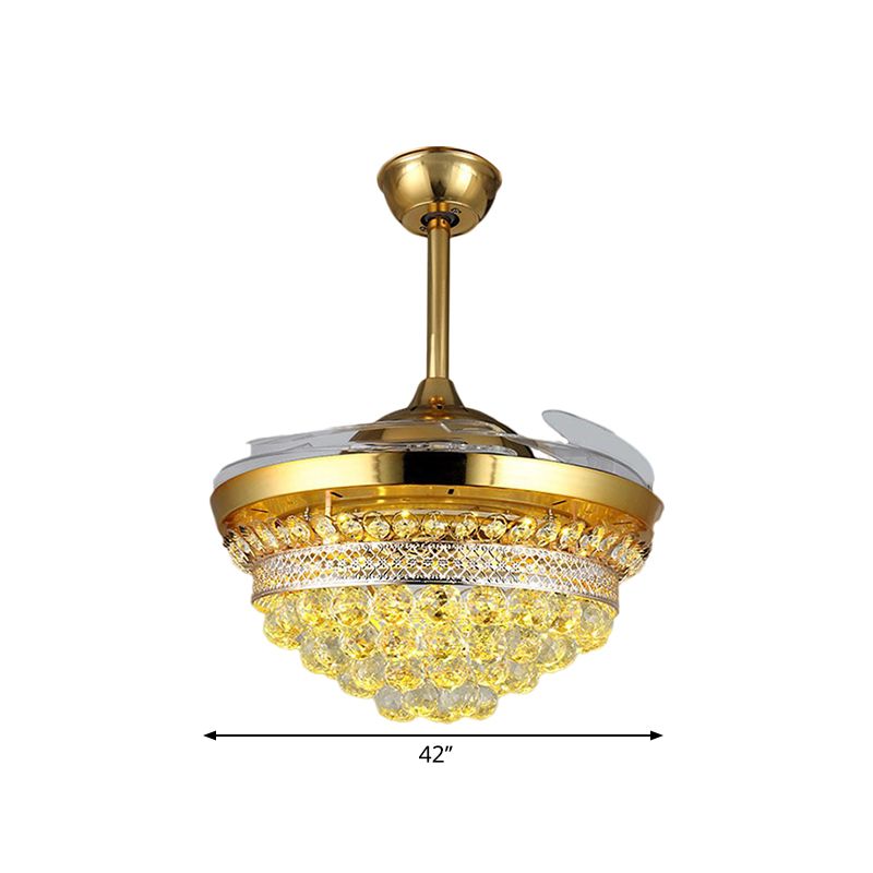 42" Width LED Semi Flush Mount Modern Tapered Clear Crystal Balls 3 Blades Hanging Fan Light in Gold