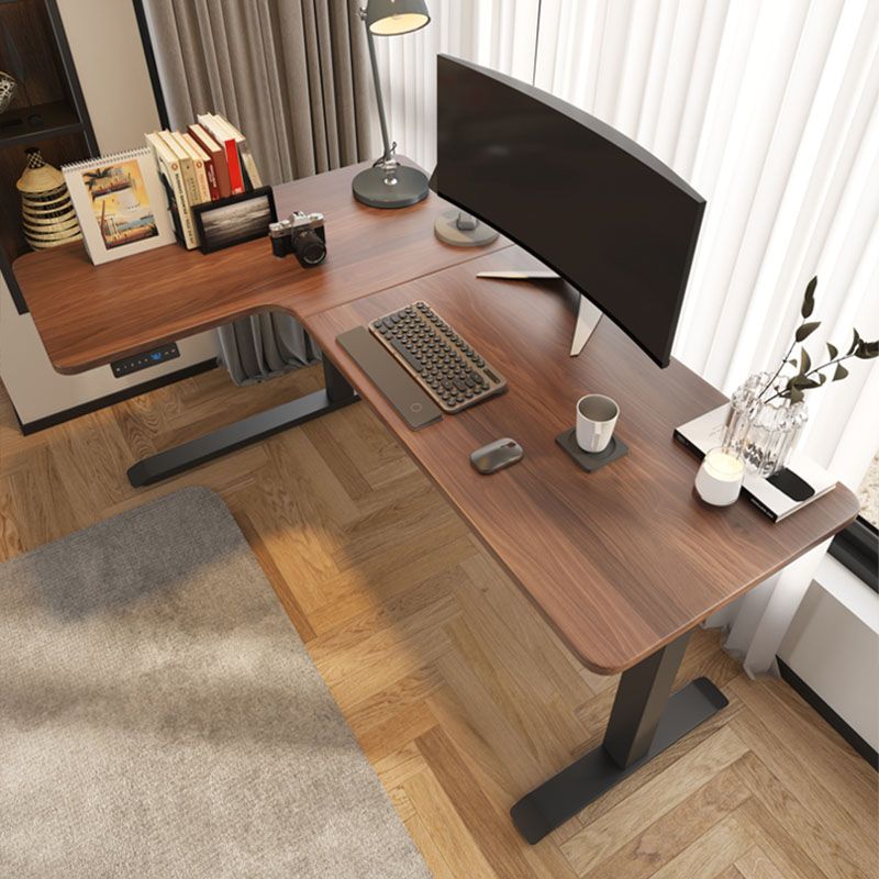 Contemporary Wooden Writing Desk Adjustable L-Shape Laptop Table in Brown