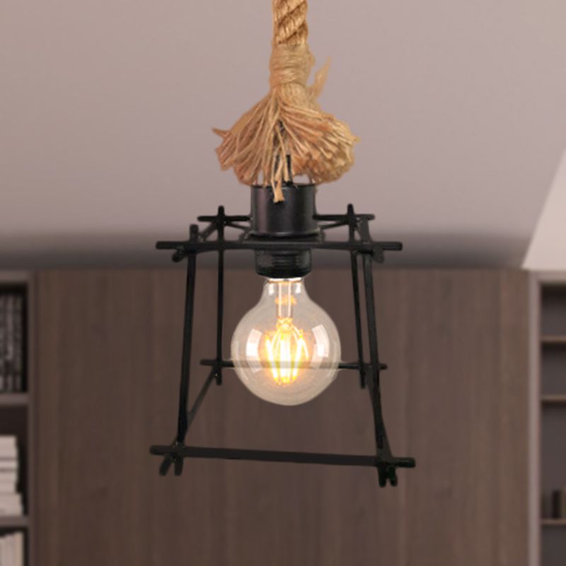 Metall -Trapez -Käfig Deckenleuchte Retro Style 1 Glühbirne Schwarze Anhängerlampe mit einstellbarem Seil für das Wohnzimmer