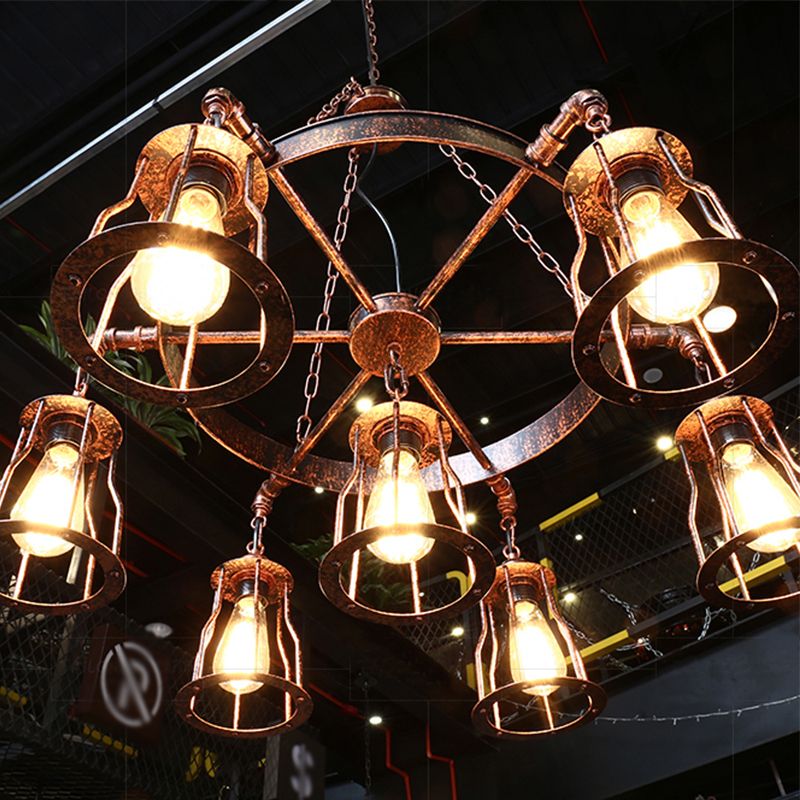 Dark Rust 7 Lights Pendant Light Farmhouse Wrought Iron Bell Cage Hanging Chandelier Lamp with Wheel Design