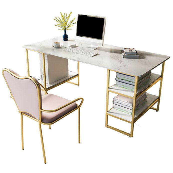 Glam Style Computer Desk Marble Rectangular Office Desk With Storage Shelf