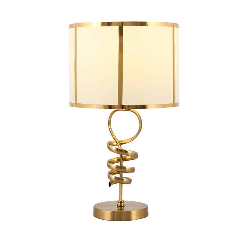 Barrel Living Room Desk Light Retro Fabric 1-Head Brass Night Table Lamp with Twisted Base Design