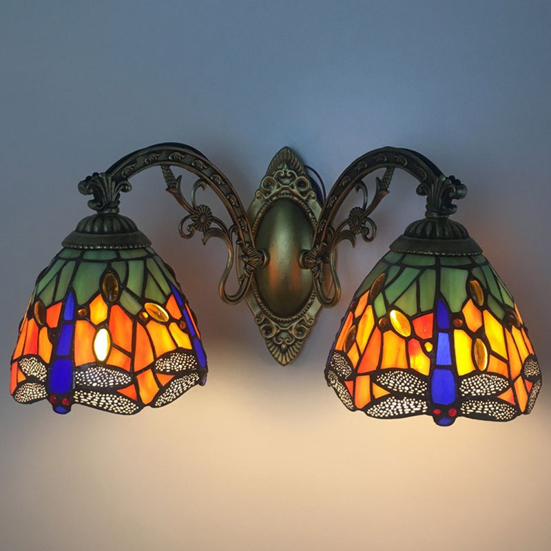 Tiffany Vanity Lamp 2 Lights Dragonfly Vanity Wall Sconce with Multi-Color for Mirror Cabinet