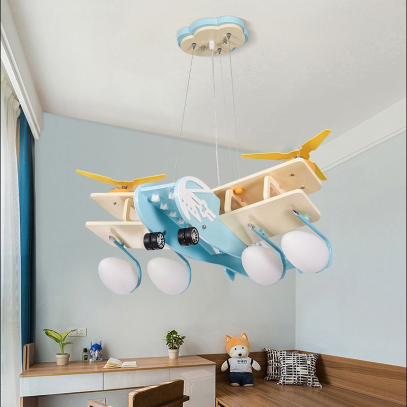 Blue Fighter Plane Hanging Lamp Fixture Wooden Hanging Chandelier for Child Bedroom