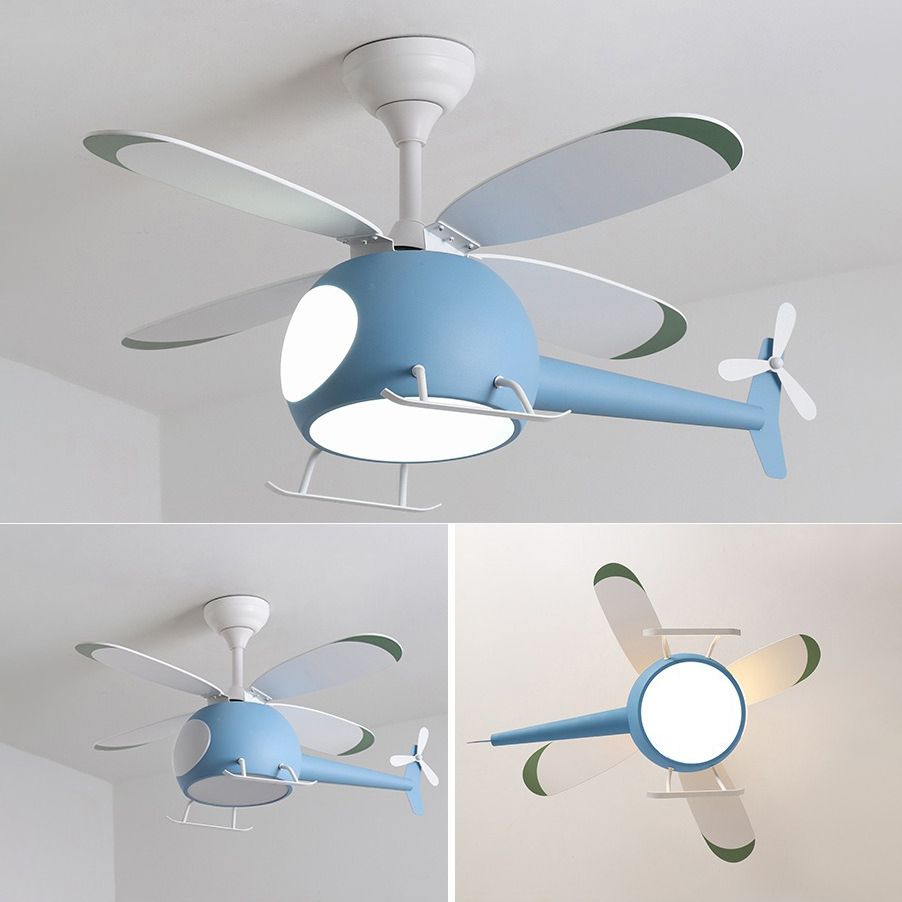 Kids Unique LED Indoor Hanging Lamp Lacquered Iron Airplane Fan Pendant Light with Acrylic Shade