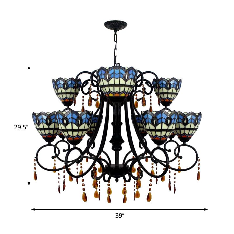 Lumière suspendue en forme de bol Verre tachée rustique 11 lumières lustre avec cristal en bleu pour salle à manger