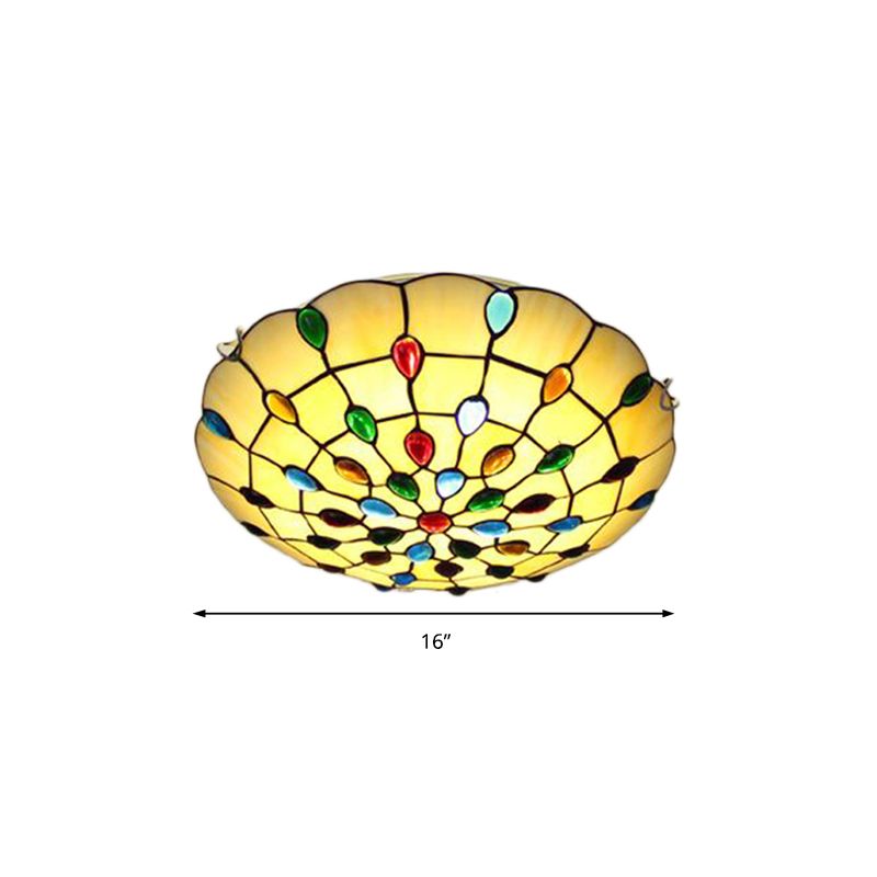 Beige/Yellow Bowl Flush Mount Light Rustic Loft Stained Glass 12"/16"/19.5" W Bedroom Flush Ceiling Light with Jewel Decoration