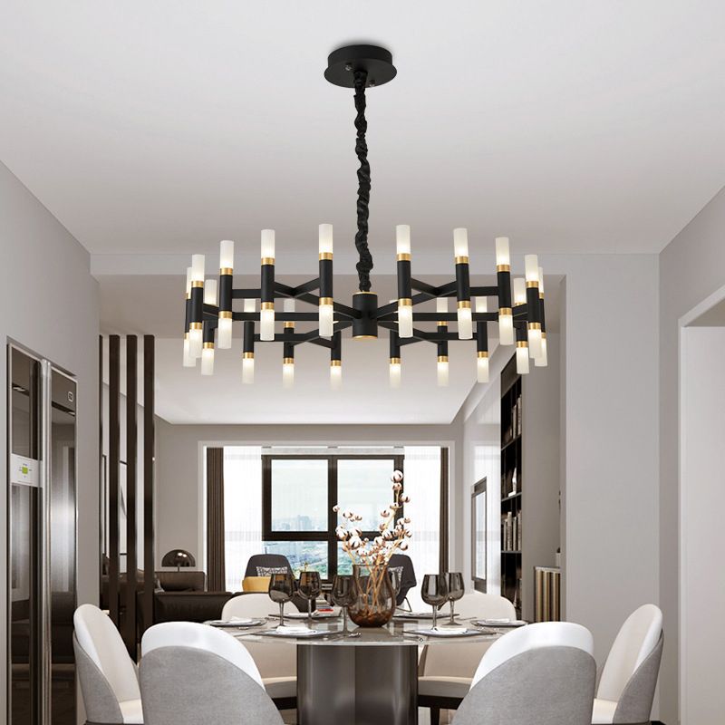 24/36/60 Lights LED Bedroom Chandelier with Tubular Iron Shade Modern Black/White Ceiling Pendant