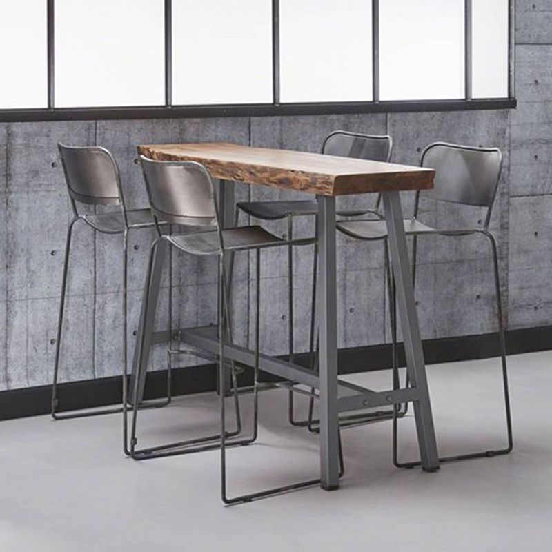 Industrial Bistro Table with Grey Metal Frame Distressed Brown Pine Wood Top Bar Table