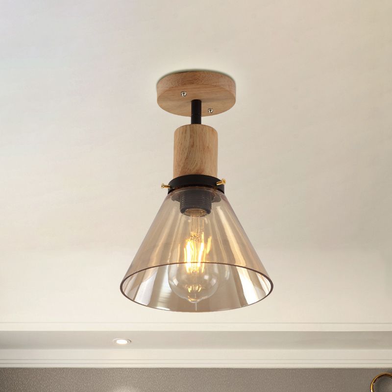 Single Bulb Semi Flush Mount Industrial Cone Amber Glass Ceiling Light in Wood for Foyer