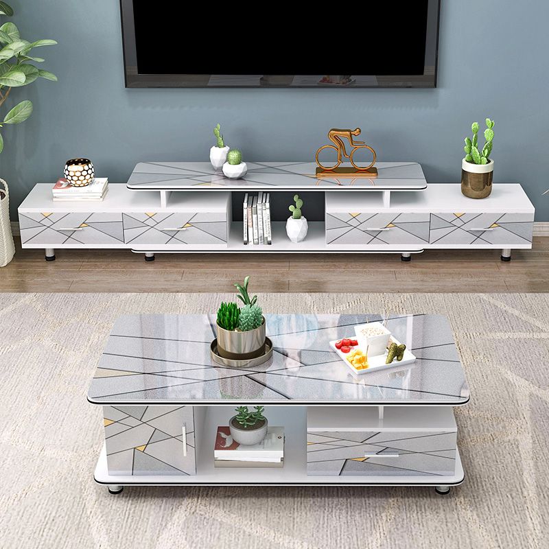 Modern Engineered Wood TV Stand White TV Cabinet with Drawers and Sliding Storage