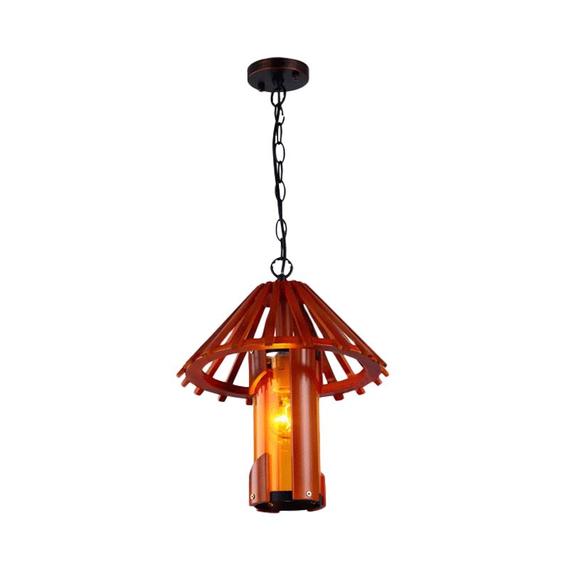 Bambou Cylinder Suspension Lampe Vintage 1 Lumière salle à manger plafonnier plafond plafond en marron avec nuance de cône