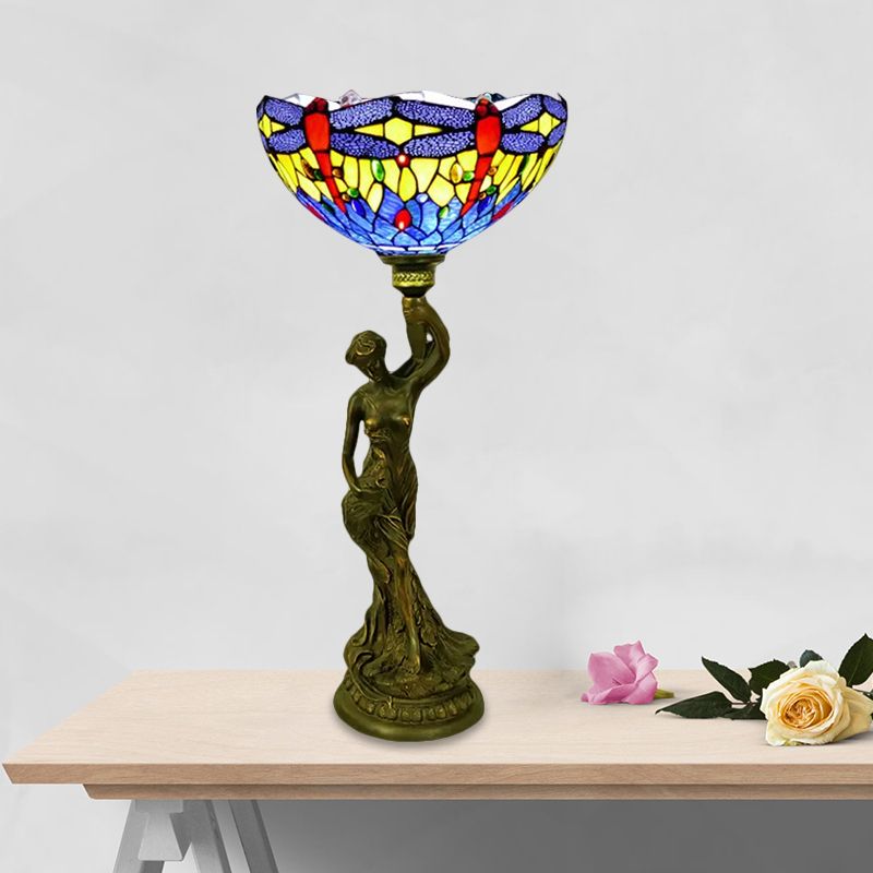 Table de bol Éclairage 1 tête en vitrail Petal baroque / libellule lampe de nuit à motifs en laiton avec résine Naked Woman Base