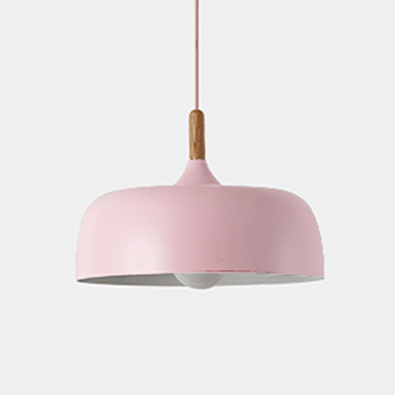 Aluminum Round Hanging Light Minimalist 1 Head Pendant Lighting with Wood Tip for Restaurant