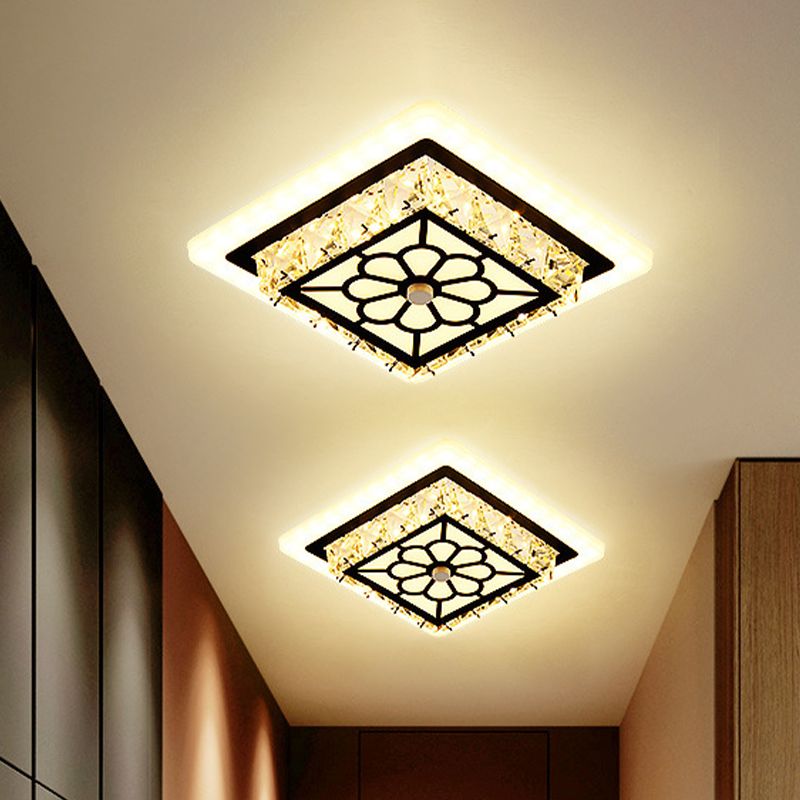 Beveled Crystal LED Ceiling Light Modern Black Floral Pattern Round/Square Corridor Flushmount Lamp