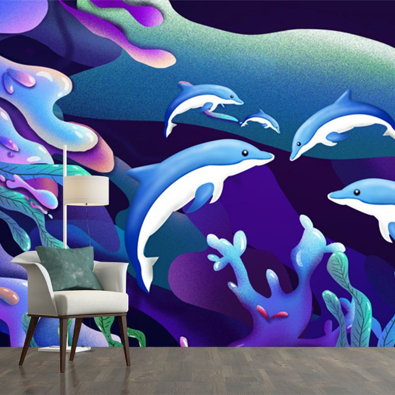 Kids Undersea Dolphin Wallpaper Mural Blue-Green Waterproof Wall Covering for Home