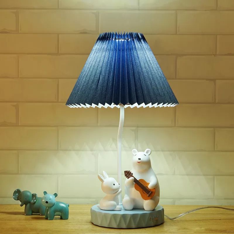 Folded Desk Lamp Modernist Fabric 1 Bulb Blue Task Lighting with Bear and Rabbit Decor