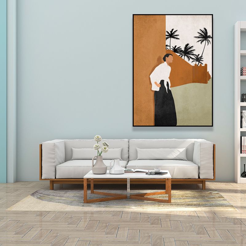 Canvas Textured Wall Art Decor Tropical Man Again the Wall and Coconut Tree Painting