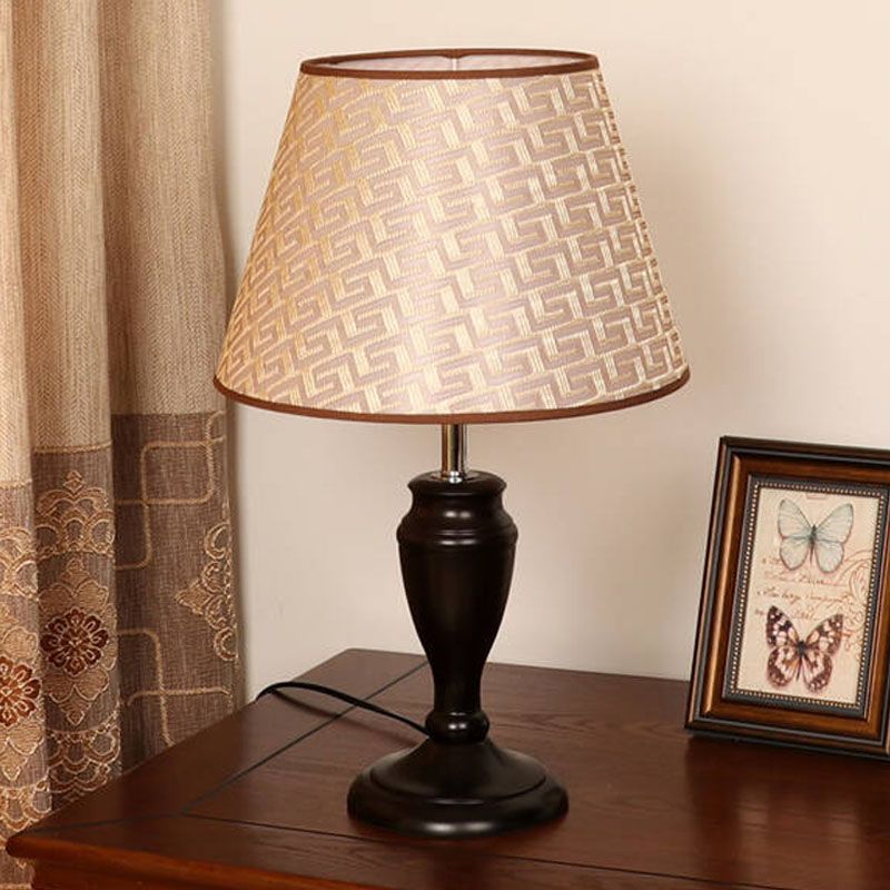 Brown 1 Head Table Light Rural Fabric Tapered Shade Nightstand Lamp with Flower/Slash/Geometric Pattern