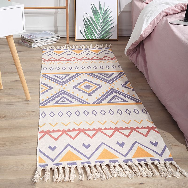 White Tone Bohemian Area Rug Cotton Leaves Print Rug Fringe Indoor Rug for Home Decoration