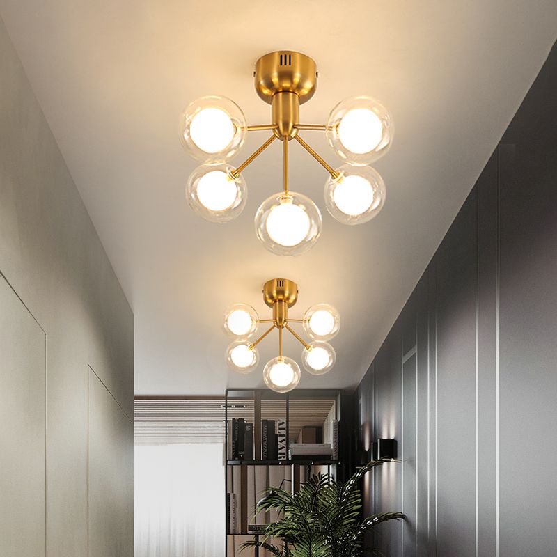 Clear and Frosted Glass Molecule Ceiling Fixture Minimalistic 5-Head Semi Flush Mount Light for Corridor