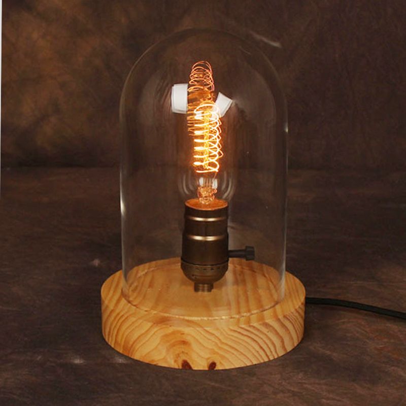 Contemporary 1 Bulb Table Light Wood Cylindrical Small Desk Lamp with Clear Glass Shade