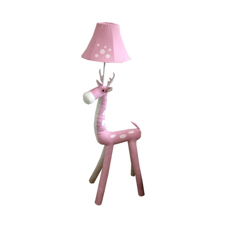 1 Bulb Sika Deer Floor Lamp with Tapered Shade Animal Fabric Floor Light in Pink for Girls Bedroom