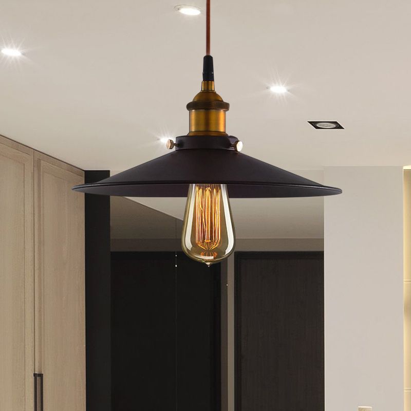 Wide Flare Metal Pendant Light Antiqued 1 Light Living Room Pulley Hanging Ceiling Lamp in Black