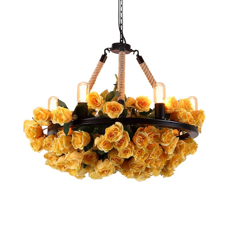 Circle Metal Ceiling Chandelier Loft Style 6 Bulbs Rope Pendant Lighting Fixture with Yellow Rose and Open Bulb Design