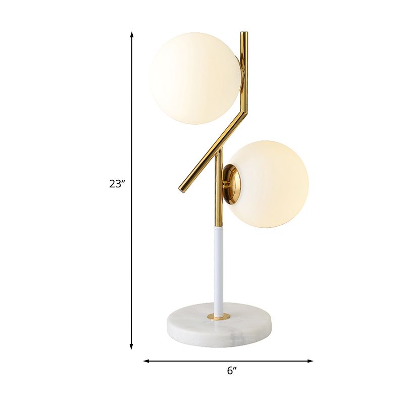 Opal Glass Globe Table Lamp Contemporary 2 Lights Nightstand Light in White with Marble Base