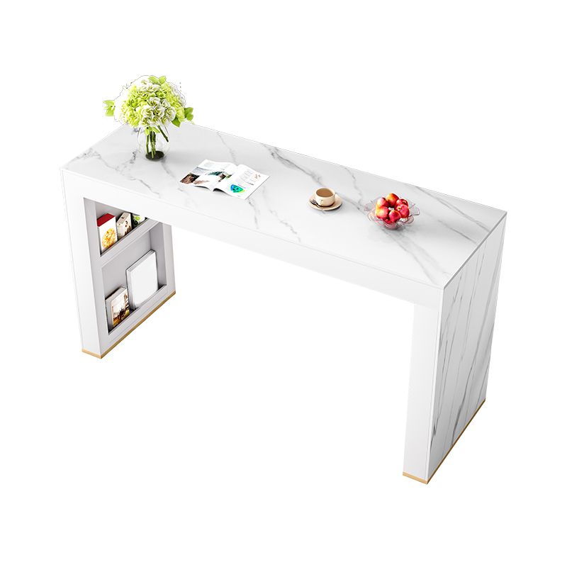 Glam White Wood Bar Dining Table with White Stone Top Rectangle Indoor Bistro Table