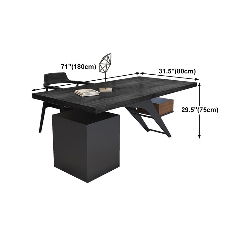 Black Writing Desk Modern Style Solid Wood Top Metal Legs with Drawers