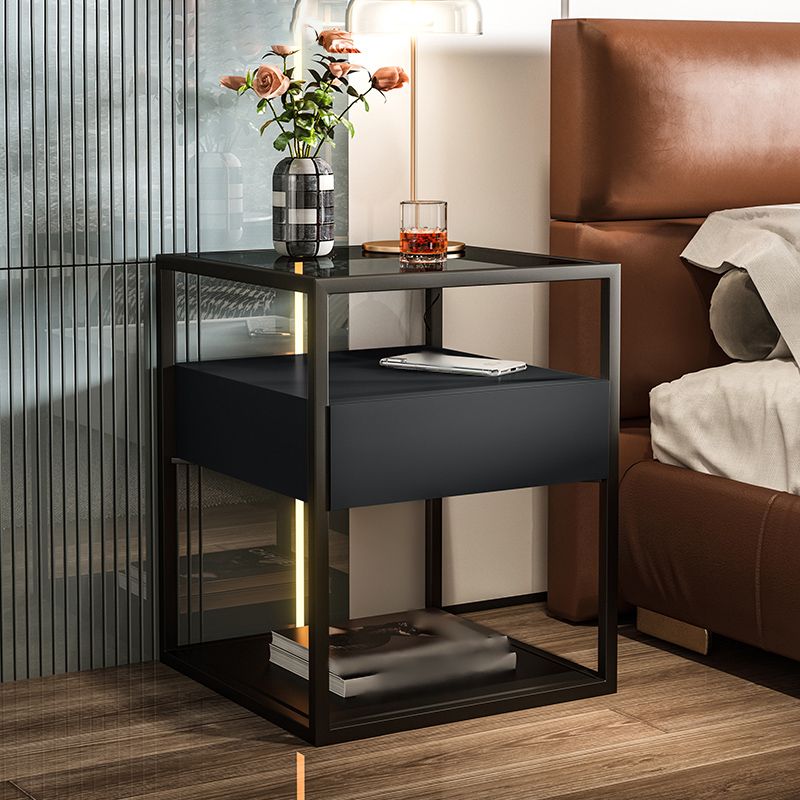 21'' Tall Modern Bed Nightstand Metal Glass Top Drawer Storage 2-shelf Night Table